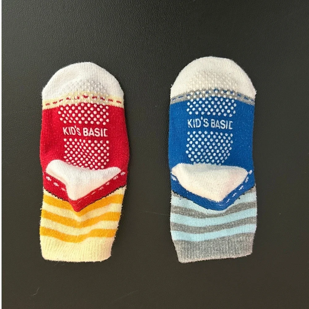 Kids Basic Sneaker Print Non Slip Socks 2 Pair Set Red Blue Striped Toddler 1405